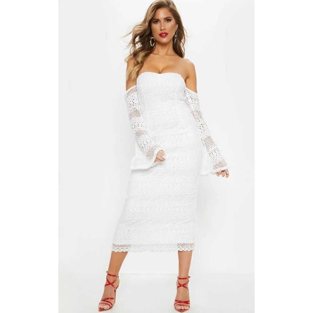 Women's White Lace Bardot Bell Sleeve Off Shoulder Midi Dress Small